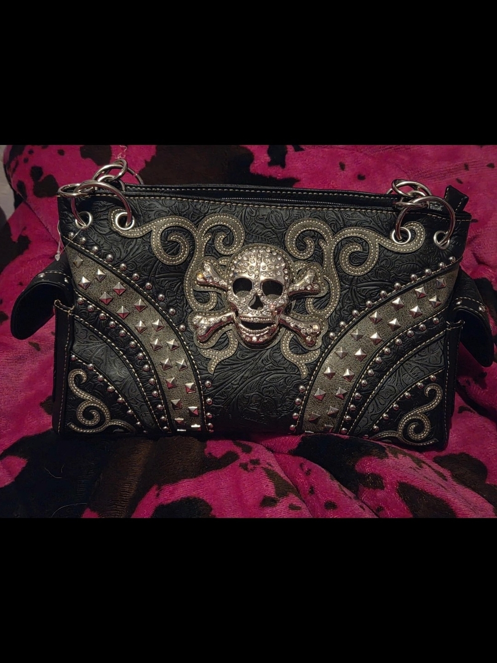Black Rhinestone Skull Studded Shoulder Bag